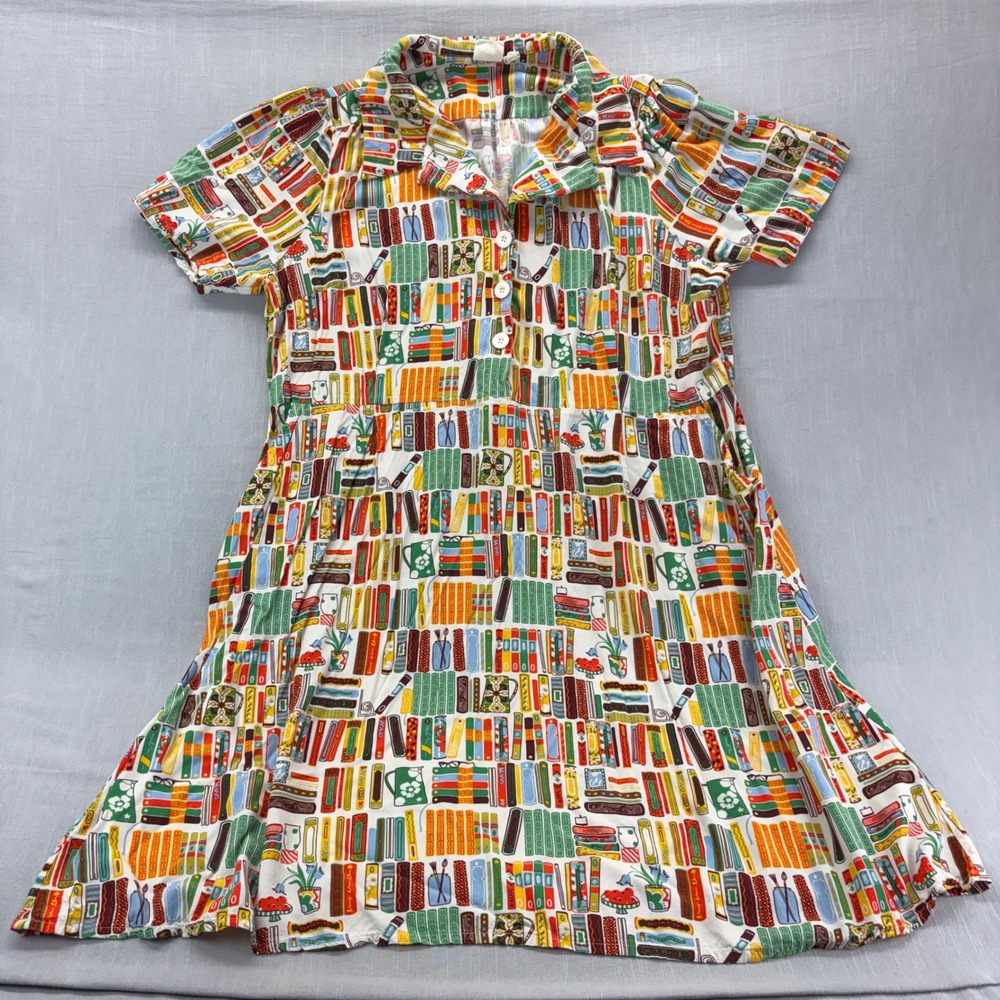 Joanie Dress Womens 22 Bookshelf Novelty Print Short Sleeve Pockets Multicolor